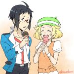  1boy 1girl ahoge belt bianca_(pokemon) black_hair blonde_hair blue_eyes cheren_(pokemon) closed_eyes collarbone cowboy_shot food glasses gradient_background green_headwear holding holding_food holding_ice_cream ice_cream kaori_kazuma open_mouth orange_background pokemon pokemon_bw puffy_short_sleeves puffy_sleeves short_sleeves twitter_username white_background 