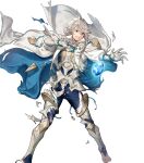  1boy armor barefoot blue_cape blue_pants broken_armor cape clenched_teeth corrin_(fire_emblem) corrin_(male)_(hoshido_noble)_(fire_emblem) damaged dragonstone fire_emblem fire_emblem_fates fire_emblem_heroes gauntlets grey_hair highres non-web_source official_alternate_costume official_art pants pointy_ears red_eyes rope shimenawa solo teeth torn_cape torn_clothes white_armor white_cape 