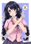  1girl bakemonogatari black_hair blue_background braid breasts cat_hair_ornament closed_mouth glasses hair_ornament hairclip hanekawa_tsubasa highres jmfz5558 juliet_sleeves large_breasts long_hair long_sleeves looking_at_viewer monogatari_(series) naoetsu_high_school_uniform pink_shirt pleated_skirt puffy_sleeves school_uniform shirt skirt solo speech_bubble twin_braids violet_eyes x_arms 