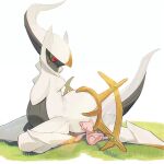  arceus closed_eyes colored_sclera commentary_request grass green_sclera highres kibou_shuukan looking_at_another looking_down lying mew_(pokemon) no_humans pokemon pokemon_(creature) red_eyes u_u white_background 