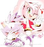  2girls amy_rose animal_ears bad_id bad_twitter_id blaze_the_cat blush cat_ears cat_girl cat_tail dress forehead_jewel fur-trimmed_gloves fur_trim furry furry_female gloves green_eyes hairband heart highres mikune19 multiple_girls pink_fur purple_fur red_dress red_hairband sonic_(series) tail tail_wagging thought_bubble white_gloves yellow_eyes 