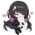  1girl animal asle black_dress black_footwear black_hair cat chibi commentary date_a_live dress english_commentary flower full_body hair_flower hair_ornament hair_over_one_eye happy heart holding holding_animal holding_cat low_twintails open_mouth smile solo tokisaki_kurumi twintails 