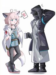  1girl 1other absurdres ahoge animal_ears arknights arm_behind_head arm_up black_choker black_footwear black_jacket black_pants black_pantyhose blue_dress blue_eyes blush brown_hair choker doctor_(arknights) dress flying_sweatdrops fox_ears fox_girl fox_tail gloves grey_shirt highres hood hood_up hooded_jacket jacket notice_lines open_clothes open_jacket open_mouth pants pantyhose pointing shadow shirt shoes simple_background spam_(spamham4506) standing sussurro_(arknights) tail white_background white_gloves white_jacket 