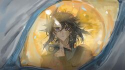  1boy 1other black_hair black_shirt blue_eyes blue_jacket dragon eye_reflection facial_tattoo fudo_yusei jacket looking_at_another looking_at_viewer looking_inside male_focus mokopuru open_clothes open_jacket open_mouth reflection shirt shoulder_plates stardust_dragon tattoo yellow_eyes yu-gi-oh! yu-gi-oh!_5d's 