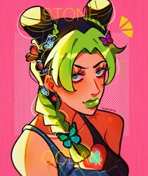  1girl absurdres artist_name black_hair braid braided_ponytail butterfly_hair_ornament collarbone commentary copyright_name double_bun earrings green_eyes green_hair green_lips hair_bun hair_ornament hair_over_shoulder heart highres huyandere jewelry jojo_no_kimyou_na_bouken kujo_jolyne multicolored_hair portrait signature single_braid solo star_(symbol) star_earrings stone_ocean two-tone_hair 