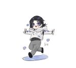  19hourgoudy 1boy black_footwear black_hair blue_eyes chibi full_body grey_pants highres hood hood_down hoodie indie_utaite long_sleeves male_focus outstretched_arms pants protected_link simple_background solo spread_arms thai_text tongue tongue_out translation_request unnamed_(utaite) virtual_youtuber white_background white_hoodie 