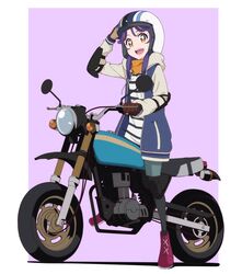 1girl :d brown_eyes cosplay elbow_pads gloves helmet highres honda_ape hood hoodie kayabakoro knee_pads motor_vehicle motorcycle motorcycle_helmet precure purple_hair scooter simple_background smile suzumura_sango toki_ayano toki_ayano_(cosplay) tropical-rouge!_precure yurucamp 
