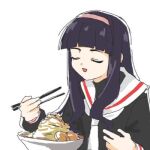  1girl black_hair black_shirt bowl cardcaptor_sakura chopsticks closed_eyes daidouji_tomoyo eating food hairband holding holding_chopsticks long_hair lowres mano_eglu neckerchief open_mouth pink_hairband sailor_collar school_uniform shirt simple_background solo tomoeda_elementary_school_uniform upper_body white_background white_neckerchief white_sailor_collar 