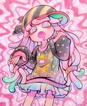  1girl :o alternate_costume baseball_cap black_sweater blue_eyes blue_hair blue_skirt christmas_sweater clownfish co_ma_tsu_na colored_eyelashes commentary_request cowboy_shot drooling fish gradient_hair hair_ornament hair_scrunchie hand_up harmony&#039;s_clownfish_(splatoon) harmony_(splatoon) hat highres long_hair looking_at_viewer mouth_drool multicolored_hair multicolored_scrunchie open_mouth oversized_clothes pink_hair pink_pupils print_sweater scrunchie sideways_hat skirt sleeves_past_wrists solo splatoon_(series) splatoon_3 standing striped_clothes striped_headwear sweater tentacle_hair very_long_hair yellow_hat 