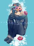  1boy amagi_hana arms_on_knees baseball_cap black_footwear black_hat black_jacket black_pants blue_background blue_hair buttons character_name closed_mouth commentary_request crossed_arms danganronpa_(series) danganronpa_v3:_killing_harmony dated english_text eyelashes fingernails flower full_body grey_footwear hair_between_eyes hair_flower hair_ornament happy happy_birthday hat hat_flower head_on_arm jacket knees_up layered_sleeves long_sleeves looking_at_viewer male_focus orange_flower pansy pants pink_flower pinstripe_jacket pinstripe_pants pinstripe_pattern pocket purple_flower red-flanked_bluetail saihara_shuichi shoes short_hair simple_background sitting smile solo two-tone_footwear yellow_eyes yellow_flower zipper 
