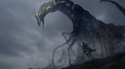  1other black_cloak black_hair cloak clouds cloudy_sky extra_eyes giant giant_monster grey_eyes grey_sky highres kohata_(kohatazuke) long_hair looking_at_creature monster monster_focus multicolored_hair multiple_legs one-hour_drawing_challenge original outdoors sharp_teeth size_difference skinny_legs sky teeth two-tone_hair white_hair yellow_eyes 