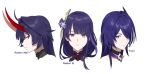  3girls 64lv^ acheron_(honkai:_star_rail) black_choker character_name choker commentary_request genshin_impact hair_intakes hair_over_one_eye highres honkai:_star_rail honkai_(series) honkai_impact_3rd horns long_hair looking_at_viewer mihoyo multiple_girls purple_hair raiden_mei raiden_shogun simple_background smile violet_eyes white_background 