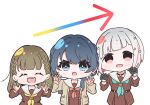  3girls :d :o ^_^ aqua_neckerchief arrow_(symbol) black_choker black_gloves blue_eyes blue_hair blue_ribbon bob_cut braid brown_cardigan brown_dress brown_hair cardigan center-flap_bangs chibi chibi_only choker closed_eyes colored_inner_hair commentary_request dark_blue_hair diagonal_bangs dollchestra dress gloves grey_hair hair_ornament hair_ribbon half_gloves hasu_no_sora_school_uniform highres inverted_bob kachimachi_kosuzu link!_like!_love_live! long_hair long_sleeves looking_at_viewer love_live! low_twintails medium_dress mole mole_on_neck multicolored_hair multiple_girls murano_sayaka neckerchief o-ring o-ring_choker open_cardigan open_clothes open_mouth pink_eyes pleated_dress red_neckerchief redhead ribbon sailor_collar sailor_dress sakari_(pear_8_ll) school_uniform short_hair side_braids simple_background smile star_(symbol) star_hair_ornament straight_hair streaked_hair swept_bangs twintails virtual_youtuber white_background white_sailor_collar winter_uniform yellow_neckerchief yugiri_tsuzuri 