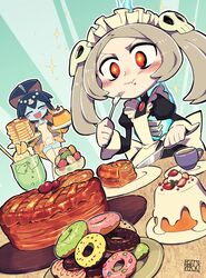  2girls apple_pie apron apron_aside bloody_marie_(skullgirls) blue_fire blue_skin blunt_bangs blush bone breasts cake chichibu_(watson) colored_sclera colored_skin doughnut dress eating fins fire fish_girl food food_in_mouth fork grey_hair hair_ornament head_fins holding holding_food holding_fork holding_knife knife long_hair macaron maid maid_apron maid_headdress minette_(skullgirls) monster_girl multiple_girls open_mouth pancake pancake_stack pie red_eyes ribs scales shell shell_hair_ornament skull skull_hair_ornament skull_heart skullgirls small_breasts smile star-shaped_pupils star_(symbol) symbol-shaped_pupils syrup tea thigh-highs twintails waitress yellow_sclera 