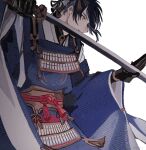  1boy armor black_gloves black_hair blue_kimono commentary_request conohi_(snvcenni) from_side gloves holding holding_sword holding_weapon japanese_armor japanese_clothes katana kimono male_focus mikazuki_munechika short_hair solo sword touken_ranbu weapon white_background wide_sleeves 