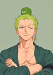  1boy bandana_around_arm commentary crossed_arms earrings green_background green_hair green_kimono highres japanese_clothes jewelry kimono komucom03 looking_to_the_side looking_up male_focus moss one_eye_closed one_piece roronoa_zoro scar scar_across_eye scar_on_chest short_hair upper_body v-shaped_eyebrows 