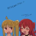  2girls :d ahoge bad_id bad_twitter_id blonde_hair blush_stickers bocchi_the_rock! closed_eyes commentary_request highres ijichi_nijika kerorira kita_ikuyo long_hair looking_at_another multiple_girls open_mouth red_eyes redhead side_ponytail simple_background smile sweatdrop translation_request upper_body 