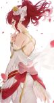  1girl anna_(bridal)_(fire_emblem) anna_(fire_emblem) backless_dress backless_outfit bare_shoulders closed_mouth detached_sleeves dress fire_emblem fire_emblem_awakening fire_emblem_heroes floating_hair from_behind hair_ornament haru_(nakajou-28) highres index_finger_raised long_hair official_alternate_costume petals ponytail profile red_eyes redhead see-through sidelocks simple_background smile solo wedding_dress white_background 