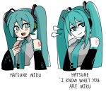  1girl :3 alternate_skin_color aqua_eyes aqua_hair aqua_necktie black_sleeves blush_stickers bright_pupils cibastion closed_mouth collared_shirt colored_skin commentary cropped_torso detached_sleeves english_commentary english_text grey_shirt hair_between_eyes hair_ornament hatsune_miku long_hair long_sleeves looking_at_viewer multiple_views necktie number_tattoo open_mouth puff_of_air ringed_eyes shirt shoulder_tattoo simple_background sleeveless sleeveless_shirt smile tattoo twintails upper_body very_long_hair vocaloid white_background white_pupils white_skin 