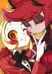  1boy 1girl alastor_(hazbin_hotel) black_hair blonde_hair charlie_morningstar colored_sclera commentary_request formal grin hand_on_another&#039;s_face hand_on_another&#039;s_shoulder hazbin_hotel highres honeko_06 long_hair multicolored_hair one_eye_closed red_eyes red_sclera redhead short_hair smile suit upper_body yellow_sclera 