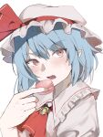  1girl ascot blue_hair blush brooch collared_shirt commentary_request fang food frilled_hat frilled_shirt_collar frills hair_between_eyes hat hat_ribbon highres holding holding_food jewelry long_hair looking_at_viewer macaron mob_cap open_mouth pastry pointy_ears preroprot puffy_sleeves red_ascot red_eyes red_ribbon remilia_scarlet ribbon shirt short_sleeves simple_background solo touhou upper_body white_background white_hat white_shirt 