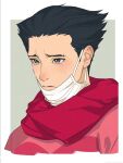  1boy ace_attorney black_hair border closed_mouth crying green_background green_eyes highres kune_akiro mask mouth_mask phoenix_wright portrait red_scarf red_shirt scarf shirt short_hair solo tears white_border 
