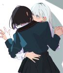  2girls absurdres atenaba black_hair black_skirt blue_eyes blue_jacket blush ear_blush ear_piercing earrings highres holding_hands hug interlocked_fingers jacket jewelry kiss long_hair long_sleeves multiple_girls original piercing shirt short_hair skirt white_hair white_shirt yuri 