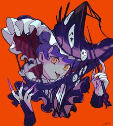  1girl :3 black_gloves black_hat black_necktie bridal_gauntlets closed_mouth double_bun employee_(project_moon) fingernails gloves hair_bun hat head_tilt highres lobotomy_corporation looking_at_viewer necktie orange_background project_moon purple_nails ringed_eyes sekisei_mg sharp_fingernails simple_background smile smile_(e.g.o) solo tongue tongue_out witch_hat yellow_eyes 