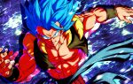  1boy absurdres black_vest black_wristband blue_eyes blue_hair cropped_vest dragon_ball dragon_ball_super dragon_ball_super_broly gogeta highres looking_at_viewer medium_hair metamoran_vest muscular muscular_male no_shirt sekitsuki_hayato smirk solo spiky_hair upper_body vest 