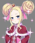  1girl :&lt; alternate_hairstyle beatrice_(re:zero) blonde_hair blue_eyes blush bow capelet closed_mouth commentary_request crown double_bun dress fur-trimmed_capelet fur_trim grey_background grey_hair hair_bun hair_ribbon hand_on_own_hip looking_at_viewer outline pink_bow pink_pupils pink_ribbon re:zero_kara_hajimeru_isekai_seikatsu red_capelet red_dress ribbon s_(hdru2332) solo sparkle standing symbol-shaped_pupils white_outline 