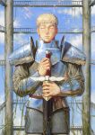  absurdres armor blonde_hair blue_sky chainmail closed_eyes clouds column dungeon_meshi hands_on_own_chest highres holding holding_sword holding_weapon kotsu_chan laios_touden pillar plant plate_armor scabbard sheath sky sword vines weapon 