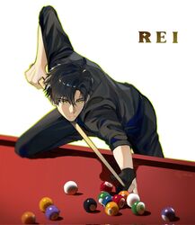 1boy ball billiard_ball black_gloves black_pants black_shirt character_name cue_stick gloves highres holding_cue_stick joikzo long_sleeves love_and_deepspace pants pool_table shirt single_glove solo table vest white_background zayne_(love_and_deepspace) 