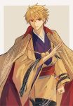  absurdres blonde_hair blue_kimono cloak collared_cloak fate/samurai_remnant fate_(series) gilgamesh_(fate) highres japanese_clothes kimono long_sleeves obi official_alternate_costume open_clothes open_kimono print_kimono red_cloak red_eyes red_sash sash short_hair tamago999q two-tone_cloak wide_sleeves yellow_cloak yellow_kimono 