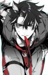  1boy biting black_hair blush genshin_impact greyscale highres leaning_forward looking_at_viewer loose_necktie male_focus monochrome necktie pectoral_cleavage pectorals pov red_necktie scar solo thigh_strap toriyoshi wriothesley_(genshin_impact) 