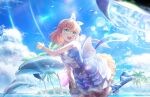  1girl :d ankle_boots aqua_eyes back_bow bead_necklace beads blue_bow blue_bowtie blue_dress blue_footwear blue_hairband blue_sky boots bow bow_hairband bowtie clouds cross-laced_footwear crossed_bangs cumulonimbus_cloud dolphin dolphin_beach_(love_live!) dress footwear_bow frilled_cuffs frilled_dress frills game_cg gingham_footwear hairband highres hinoshita_kaho jewelry lace-up_boots layered_dress lens_flare link!_like!_love_live! looking_to_the_side love_live! medium_dress medium_hair necklace official_art open_mouth orange_hair single_wrist_cuff sky sleeveless sleeveless_dress smile solo teeth third-party_source two_side_up upper_teeth_only virtual_youtuber water wrist_cuffs yellow_dress yellow_wrist_cuffs 