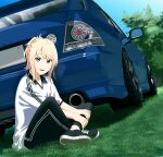  1girl absurdres black_footwear black_pants blonde_hair butterfly_sitting car collared_shirt commentary_request dutch_angle highres holding_own_leg looking_at_viewer love_live! love_live!_nijigasaki_high_school_idol_club miyashita_ai motor_vehicle orange_eyes outdoors pants parted_lips ponytail s_sho_mkrn shirt shoes sidelocks sitting solo swept_bangs toyota toyota_altezza white_shirt 
