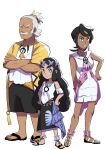  1boy 2girls absurdres black_hair black_sarong closed_eyes cosplay crossed_arms dark-skinned_female dark-skinned_male dark_skin dream_catcher facial_hair full_body hala_(pokemon) hand_on_own_hip hands_on_own_hips hapu_(pokemon) hau_(pokemon) hau_(pokemon)_(cosplay) hau_(sygna_suit)_(pokemon) highres lana_(pokemon) lana_(pokemon)_(cosplay) lana_(sygna_suit)_(pokemon) looking_at_viewer mina_(pokemon) mina_(pokemon)_(cosplay) mina_(sygna_suit)_(pokemon) multiple_girls mustache official_alternate_costume olivia_(pokemon) papurikagakusyu pokemon pokemon_masters_ex pokemon_sm sandals sarong simple_background v-shaped_eyebrows white_background white_hair 