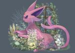  animal_focus bottle commentary espeon flower forehead_jewel full_body grey_background highres no_humans open_mouth pawpads pokemon pokemon_(creature) sitting solo symbol-only_commentary violet_eyes volpecorvo wheat white_flower window 