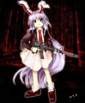  1girl :| absurdres animal_ears ar-15 black_jacket blazer bobby_socks carrot_pin closed_mouth collared_shirt commentary dated forest gun head_tilt highres holding holding_gun holding_weapon jacket loafers long_hair long_sleeves nature necktie photo_background purple_hair rabbit_ears rabbit_girl red_background red_eyes red_necktie reisen_udongein_inaba rifle shirt shoes skirt socks solo touhou tree trigger_discipline very_long_hair weapon white_shirt white_socks yukine_0930 zun_(style) 