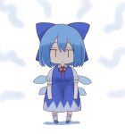  1girl blue_bow blue_dress blue_footwear blue_hair bow cirno closed_mouth collared_shirt detached_wings dress fairy full_body hair_between_eyes hair_bow highres ice ice_wings looking_at_viewer shirt shoes short_hair short_sleeves socks solo standing totoharu_(kujirai_minato) touhou white_shirt white_socks wings 