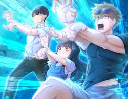  1girl 2boys belt black_hair black_pants blonde_hair blue_shirt blush brother_and_sister brown_eyes closed_mouth dragon_ball dragon_ball_z eyewear_on_head family_kamehameha father_and_daughter father_and_son go-toubun_no_hanayome grey_shorts highres kamehameha_(dragon_ball) long_hair multiple_boys muscular muscular_male open_mouth pants parody ryuunosuke_(ryunosuke_625) shirt short_hair shorts siblings smile sunglasses uesugi_fuutarou uesugi_isanari uesugi_raiha white_shirt 