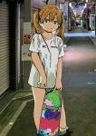  1girl absurdres black_footwear blonde_hair green_eyes highres holding holding_skateboard looking_at_viewer no_nose original photo_background print_shirt road shirt shoes skateboard smile sneakers socks solo standing street tagro twintails white_shirt white_socks 