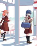  2girls ankle_socks aqua_eyes bag bench black_socks blue_eyes blue_hair blue_ribbon brown_cardigan brown_dress brown_footwear bus_stop cardigan closed_mouth commentary dark_blue_hair dress hair_ornament hair_ribbon hasu_no_sora_school_uniform highres hinoshita_kaho holding holding_phone kanduki_kamibukuro link!_like!_love_live! loafers long_hair long_sleeves looking_at_phone love_live! low_twintails medium_dress medium_hair multiple_girls murano_sayaka neckerchief open_cardigan open_clothes open_mouth orange_hair outline phone pleated_dress rabbit_hair_ornament red_neckerchief ribbon rolling_suitcase running sailor_collar sailor_dress school_uniform shoes shoulder_bag sideways_mouth socks standing suitcase twintails virtual_youtuber waiting white_outline white_sailor_collar winter_uniform 