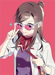  1girl ace_attorney adjusting_eyewear blush_stickers bow bowtie brown_hair coat ema_skye glasses hair_bun highres hm_maaang lab_coat long_hair looking_at_viewer phoenix_wright:_ace_attorney pink-tinted_eyewear pink_background purple_vest red_bow red_bowtie single_blush_sticker single_hair_bun smile solo sparkle swept_bangs tinted_eyewear upper_body vest vial watch watch white_coat 