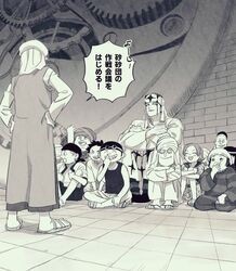  2girls 6+boys brick_wall character_request gears greyscale hands_on_own_hips headdress highres knees_up koza_(one_piece) maiko_(setllon) monochrome multiple_boys multiple_girls nefertari_vivi nose_picking one_piece pell sandals speech_bubble tank_top turban 