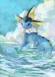  animal_focus black_eyes blue_sky bright_pupils closed_mouth clouds commentary_request fins full_body head_fins highres no_humans outdoors partially_submerged pokemon pokemon_(creature) ripples sky solo vaporeon volpecorvo water white_pupils 