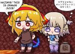  2girls :&lt; :o blonde_hair blue_shorts brown_footwear brown_hair brown_shirt closed_mouth commentary english_commentary english_text grey_shirt hairband highres holding holding_pencil hololive hololive_dev_is hololive_indonesia imadoki kaela_kovalskia lava minecraft minecraft_pickaxe mixed-language_text multilingual multiple_girls one_side_up open_mouth pants pencil pickaxe pointing purple_footwear purple_pants red_eyes red_hairband shirt shoes short_sleeves shorts signature todoroki_hajime translation_request v-shaped_eyebrows violet_eyes virtual_youtuber 