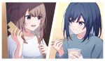  2girls blue_eyes blue_hair blue_sweater braid brown_hair cellphone chewing chopsticks closed_mouth commentary_request food french_braid highres holding holding_chopsticks holding_food holding_phone long_hair long_sleeves medium_hair miyagi_shiori multiple_girls novi_visual open_mouth phone ramen sendai_hazuki shirt shuuniichido_classmate_wo_kau_hanashi smartphone sweater upper_body violet_eyes white_shirt 