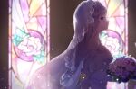  1girl anzu_(v0_0v_o0) bare_shoulders bouquet breasts bridal_veil bride church dress elbow_gloves elf emilia_(re:zero) flower from_side gloves highres holding holding_bouquet indoors long_hair looking_to_the_side medium_breasts pointy_ears re:zero_kara_hajimeru_isekai_seikatsu rose sideboob solo stained_glass strapless strapless_dress upper_body veil violet_eyes wedding wedding_dress white_dress white_flower white_gloves white_hair white_rose 