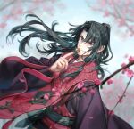  1boy black_hair blurry cherry_blossoms chinese_clothes chinese_hairpin depth_of_field fate/samurai_remnant fate_(series) hair_tie half_updo hanfu holding_hairpin keclpshvli long_hair long_sleeves looking_at_viewer low-tied_sidelocks male_focus red_eyes red_hanfu sash smile solo tassel upper_body wide_sleeves wind wind_lift zheng_chenggong_(fate) 